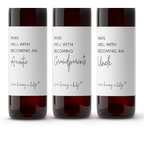 Pairs Well With Becoming Grandparents Auntie Uncle ● SET of 6 ● GENDER NEUTRAL Pregnancy Announcement Family Friends Wine Labels Baby Announcement Label, Reveal, Alternative to Card Onesie A200-6FY