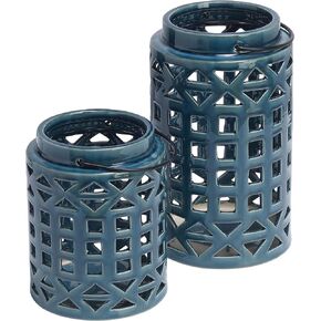 Elements Decorative Ceramic Cut Out Lanterns, Blue, Set of 2, 7 and 10 Inch