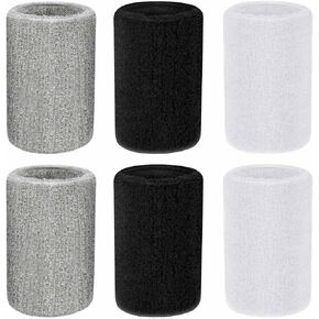 6 Pieces Wristbands Sports Wrist Sweatbands Athletic Wrist Bands Wrist Sweat Bands for Tennis Basketball Football Running Working Out Gym Thick Gymnastics Wristbands for Women Men (Black, White, Gray)