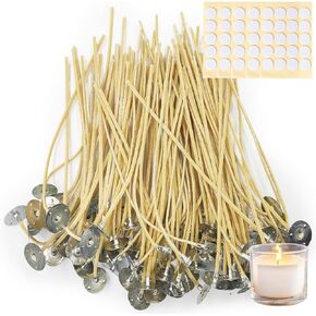 100pcs Hemp Wicks + 100pcs Wick Stickers, Organic Hemp Candle Wicks, Create Beautiful, Long-Lasting Candles with 6-Inch Hemp Wicks Pre-Waxed with 100% Natural Beeswax for Easy Use