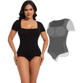 SHAPERIN Square Neck Bodysuit for Women Built in Shapewear Bra Short Sleeve Tummy Control Thong Leotard Tops