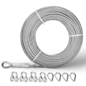 150FT 3/8" Stainless Steel Cable, 7x19 Strands Wire Rope Cable, Wire Rope with 12000 lbs Breaking Strength, Stainless Steel Wire Rope with M10 Clips Clamp and Thimbles for Boat Lifting Winch Cable