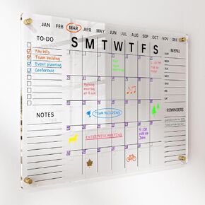 Acrylic Wall Calendar with Dry Erase Surface | 28x20" Clear Monthly Planning Board | Includes 8 Color Markers, Eraser, Multi-Color Standoff Screws, and Installation Kit | Perfect for Home & Office