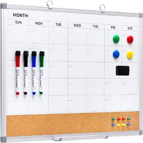 Comix Dry Erase Calendar Whiteboard Corkboard Combo, 36 * 24 inch Monthly Calendar and Bulletin Board Combination for Wall, Aluminum Frame Planner with Dry Erase Markers, Magnets, Push Pins