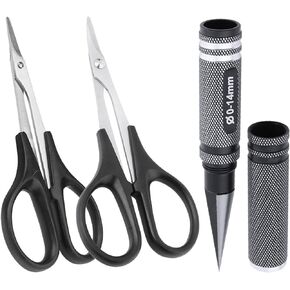 RC Body Reamer Hole Puncher, Curved Scissors & Straight Scissors Trimming Tools Set for RC Car Body Shell Body Mounting Lexan Plastic, 3pcs Combo Set (Black)