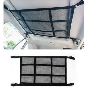 Car Ceiling Cargo Net, Double Layer Car Roof Storage Organizer for Four Roof Armrests SUV, Van, Trunk & Most Vehicle. Great Long Road Trip Car Camping Essentials. (35.43"*25.59")