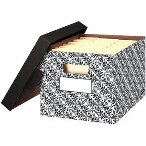 Bankers Box 4 Pack STOR/File Decorative Medium-Duty File Storage Boxes, FastFold, Lift-Off Lid, Letter/Legal, Black/Gray Pinstripe