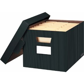Bankers Box 4 Pack STOR/File Decorative Medium-Duty File Storage Boxes, FastFold, Lift-Off Lid, Letter/Legal, Black/Gray Pinstripe