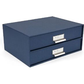 Bigso Birger 2-Drawer Fiberboard Label Frame Document Letter Box | Desktop Drawers for Loose Papers, Documents, and More | Desktop Storage Drawers with Metal Label Holder | 13.1" x 10" x 5.7" | Blue