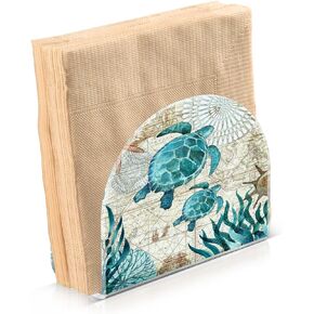 Napkin Holder for Table, Vintage Ocean Sea Turtle Starfish Map Acrylic Napkin Holder for Party Guest Cocktail Dispenser Paper Stand Kitchen Dining Room Decors