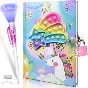 GINMLYDA Pop Girls Diary مع قفل وحبر غير مرئي قلم مزدوج النهاية، 7.5 × 5.4 بوصة 160 صفحة مبطنة تململ مجلة الفتيات ذات القلب الملون للأطفال مجموعة أقلام دفتر سرية هدايا للكتابة