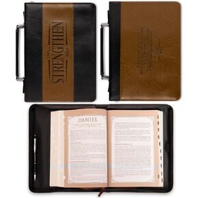 Christian Art Gifts Men's Classic Bible Cover I Will Strengthen You Isaiah 41:10, Black/Brown Faux Leather, Large