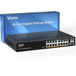 16-Port Gigabit Ethernet Switch with 2 Uplink 1000Mbps Ports, VIMIN 18-Port Unmanaged Network Switch Support IEEE802.3af/at, VLAN, Desktop & 19 inch Rack-Mount, 250W Power Budget, Plug and Play