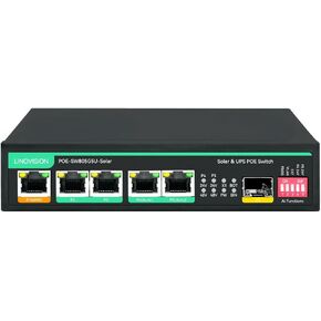 LINOVISION Solar PoE Switch with Built-in Solar Charge Controller, Battery Management and External DC Charging, Non-Stop UPS Power for Up to 5 PoE Cameras and PoE 24V Devices
