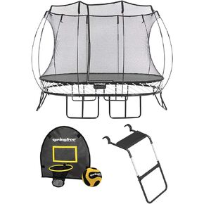 Springfree Outdoor Oval Jumping Trampoline with Net Enclosure, Basketball Hoop Game, and Step Ladder Accessories for Backyard Play