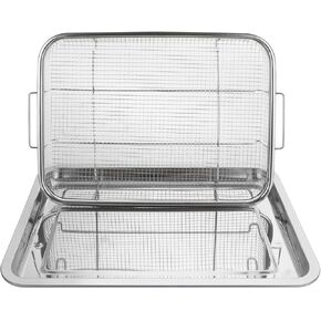 سلة مقلاة هوائية للفرن مقاس 15 × 12 بوصة من الفولاذ المقاوم للصدأ ملحقات مقلاة الهواء رف الفرن وصينية هش، إكسسوارات مقلاة الهواء غير اللاصقة صينية المقالي للفرن للأطعمة المقلية/المجمدة الفرنسية - مجموعة من قطعتين in Kuwait
