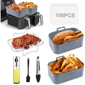 Silicone Air Fryer Liners for Ninja DZ201, 7PCS Air Fryer Accessories for Ninja Dual 8QT Air Fryers, Including Air Fryer Rack, Paper Liner etc (7Pcs - Oil Sprayer Set)