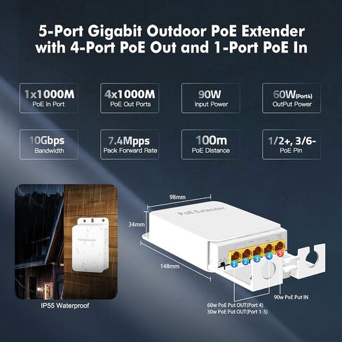 Outdoor Gigabit PoE Passthrough Switch, 1 PoE in 4 PoE Out Extender, IEEE802.3af/at/bt PoE Powered 90W, 10/100/1000Mbps Ethernet, Wall Mount Waterproof Plug and Play in Saudi Arabia