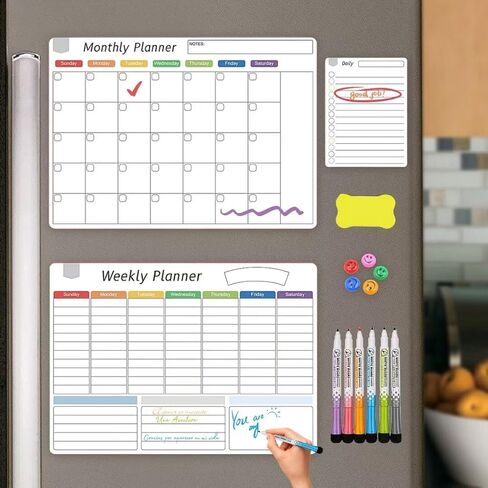 تقويم مغناطيسي للثلاجة - 3 عبوات مخطط شهري وأسبوعي، تقويم أبيض للمسح الجاف - جدول تخطيط عائلي مغناطيسي للقيام بقائمة جدول الأعمال الروتينية للمطبخ المنزلي 17 بوصة × 12 بوصة in Kuwait