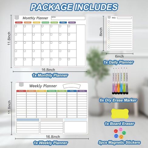 تقويم مغناطيسي للثلاجة - 3 عبوات مخطط شهري وأسبوعي، تقويم أبيض للمسح الجاف - جدول تخطيط عائلي مغناطيسي للقيام بقائمة جدول الأعمال الروتينية للمطبخ المنزلي 17 بوصة × 12 بوصة in Kuwait
