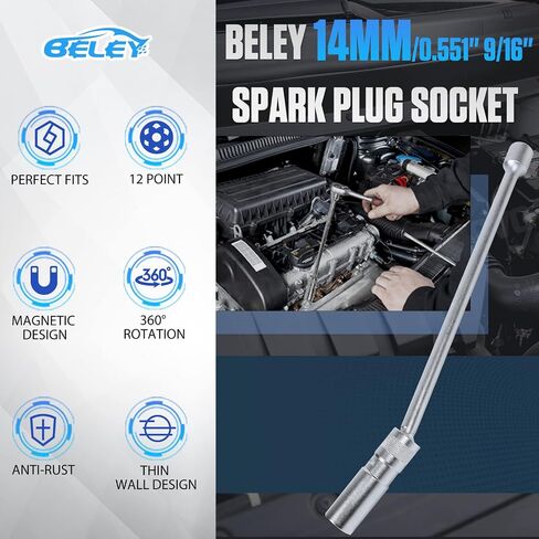 BELEY 14mm Spark Plug Socket 3/8" Drive with 12-inch Extension, Magnetic 12-Point Thin Wall Spark Plug Socket Compatible with BMW Nissan Benz ect. (Cr-V Steel) in Saudi Arabia