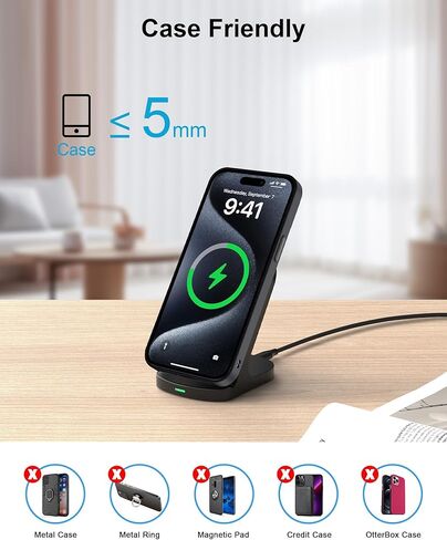 حامل شاحن لاسلكي، وسادة شحن QI لاسلكية تعمل بنظام Android لهاتف Galaxy S24 Ultra 23، وGoogle Pixel 8 Pro 8a 7، وApple iPhone 15 14، ومحطة شحن الهاتف اللاسلكي بقدرة 15 واط، متضمن محول طاقة سريع in Saudi Arabia