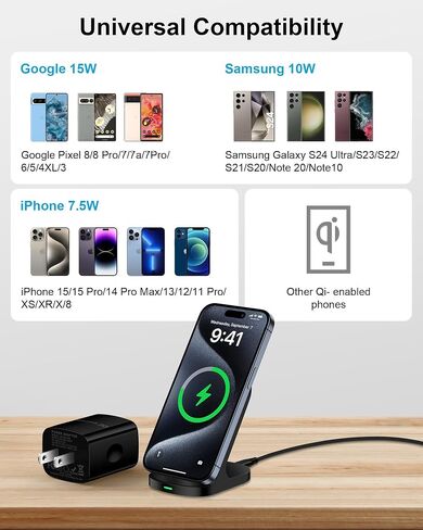 حامل شاحن لاسلكي، وسادة شحن QI لاسلكية تعمل بنظام Android لهاتف Galaxy S24 Ultra 23، وGoogle Pixel 8 Pro 8a 7، وApple iPhone 15 14، ومحطة شحن الهاتف اللاسلكي بقدرة 15 واط، متضمن محول طاقة سريع in Saudi Arabia