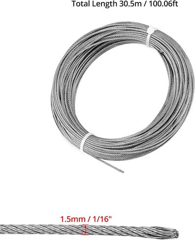 QWORK 1/16" Stainless Steel Cable, 100FT Outdoor Light Guide Wire, 7x7 Strand Core, Marine Grade Wire Rope for Outdoor Lighting, Gardening, and Kitchen Hanging in Saudi Arabia