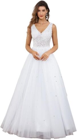 Likedpage Women's Lace Wedding Dresses for Bride Tulle V Neck Sequin and Beaded Bridal Gowns in Saudi Arabia
