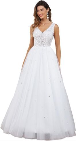Likedpage Women's Lace Wedding Dresses for Bride Tulle V Neck Sequin and Beaded Bridal Gowns in Saudi Arabia