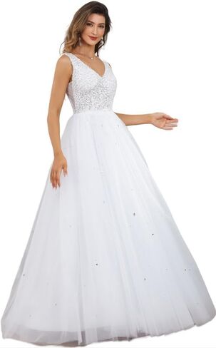 Likedpage Women's Lace Wedding Dresses for Bride Tulle V Neck Sequin and Beaded Bridal Gowns in Saudi Arabia