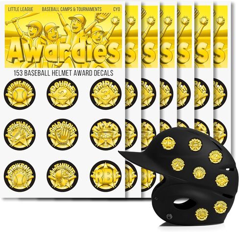 Baseball & Softball Helmet Achievement Award Stickers for Youth -153 Vinyl Water Proof Self Adhesive Decals - Little League, RBI, Home Run - Gold in Kuwait
