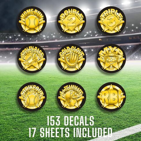 Baseball & Softball Helmet Achievement Award Stickers for Youth -153 Vinyl Water Proof Self Adhesive Decals - Little League, RBI, Home Run - Gold in Kuwait