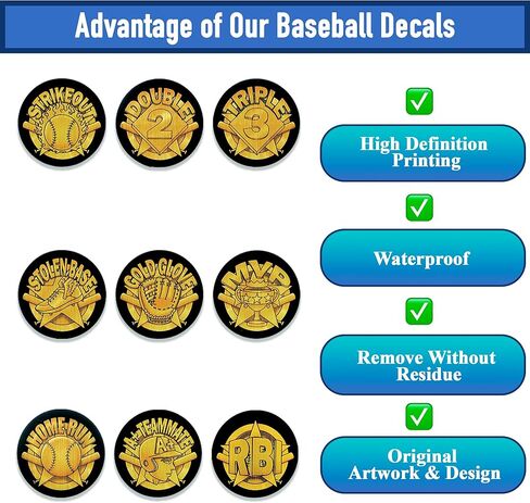 Baseball & Softball Helmet Achievement Award Stickers for Youth -153 Vinyl Water Proof Self Adhesive Decals - Little League, RBI, Home Run - Gold in Kuwait