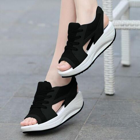 Contrast Paneled Cutout Lace-Up Muffin Sandals - Sandals for Women Summer Peep Toe Sandals Shoes Wedges in Saudi Arabia