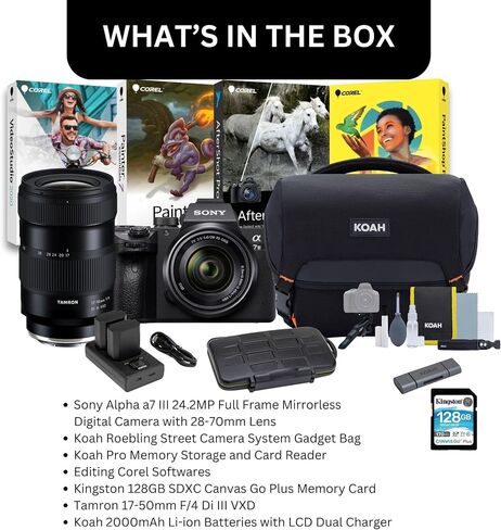 Sony Alpha 7 III Full-Frame Mirrorless Interchangeable Lens Camera with 28-70mm Lens Bundle with 17-50mm F/4 Di III VXD, Editing Software, 128GB SD Card, and Accessories (7 Items) in Saudi Arabia