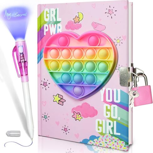 GINMLYDA Pop Girls Diary مع قفل وحبر غير مرئي قلم مزدوج النهاية، 7.5 × 5.4 بوصة 160 صفحة مبطنة تململ مجلة الفتيات ذات القلب الملون للأطفال مجموعة أقلام دفتر سرية هدايا للكتابة in Kuwait
