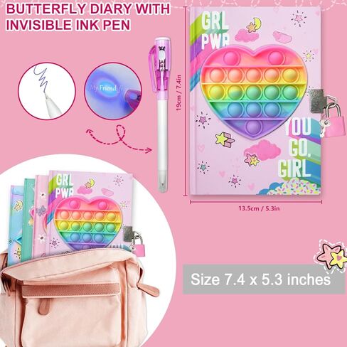 GINMLYDA Pop Girls Diary مع قفل وحبر غير مرئي قلم مزدوج النهاية، 7.5 × 5.4 بوصة 160 صفحة مبطنة تململ مجلة الفتيات ذات القلب الملون للأطفال مجموعة أقلام دفتر سرية هدايا للكتابة in Kuwait