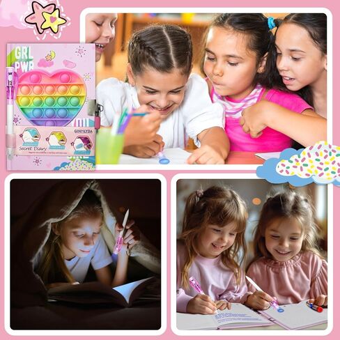 GINMLYDA Pop Girls Diary مع قفل وحبر غير مرئي قلم مزدوج النهاية، 7.5 × 5.4 بوصة 160 صفحة مبطنة تململ مجلة الفتيات ذات القلب الملون للأطفال مجموعة أقلام دفتر سرية هدايا للكتابة in Kuwait