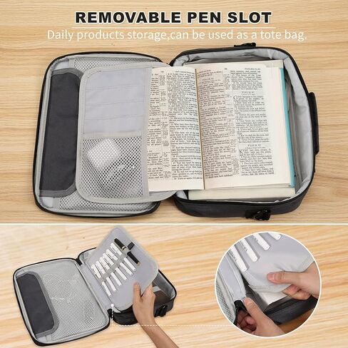 حقيبة حمل من الكتاب المقدس مع سحاب مقاوم للماء وحزام كتف قابل للتعديل، غطاء حافظة كتاب حمل بمقبض، جيوب متعددة وفتحات أقلام للرجال والنساء والأطفال، 12 (طول) × 8.6 (عرض) × 2.56 (طول) بوصة (رمادي) in Kuwait