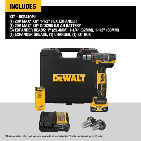 مجموعة أدوات توسيع DEWALT 20V MAX XR PEX مع رؤوس توسيع 1 بوصة و1-1/4 بوصة و1-1/2 بوصة، وبطارية وشاحن متضمن (DCE410P1) in Kuwait