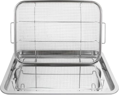 سلة مقلاة هوائية للفرن مقاس 15 × 12 بوصة من الفولاذ المقاوم للصدأ ملحقات مقلاة الهواء رف الفرن وصينية هش، إكسسوارات مقلاة الهواء غير اللاصقة صينية المقالي للفرن للأطعمة المقلية/المجمدة الفرنسية - مجموعة من قطعتين in Kuwait