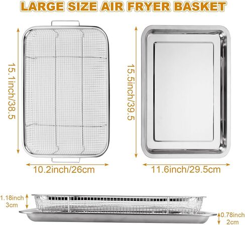 سلة مقلاة هوائية للفرن مقاس 15 × 12 بوصة من الفولاذ المقاوم للصدأ ملحقات مقلاة الهواء رف الفرن وصينية هش، إكسسوارات مقلاة الهواء غير اللاصقة صينية المقالي للفرن للأطعمة المقلية/المجمدة الفرنسية - مجموعة من قطعتين in Kuwait