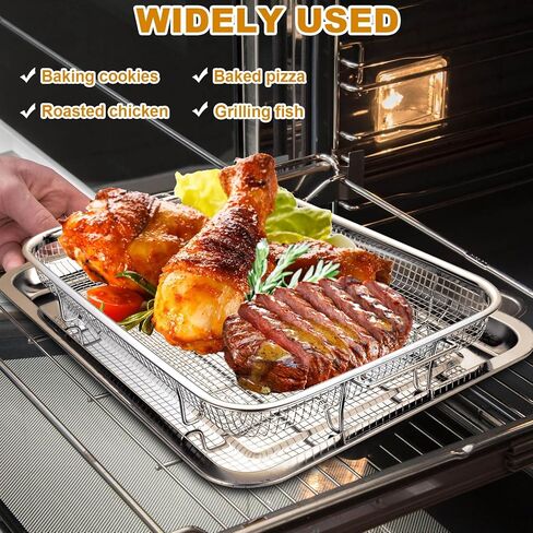 سلة مقلاة هوائية للفرن مقاس 15 × 12 بوصة من الفولاذ المقاوم للصدأ ملحقات مقلاة الهواء رف الفرن وصينية هش، إكسسوارات مقلاة الهواء غير اللاصقة صينية المقالي للفرن للأطعمة المقلية/المجمدة الفرنسية - مجموعة من قطعتين in Kuwait