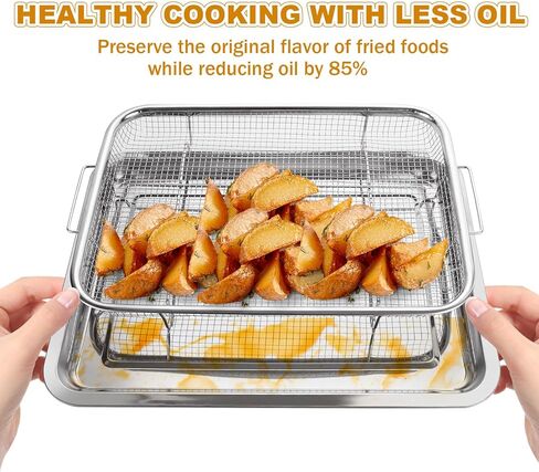 سلة مقلاة هوائية للفرن مقاس 15 × 12 بوصة من الفولاذ المقاوم للصدأ ملحقات مقلاة الهواء رف الفرن وصينية هش، إكسسوارات مقلاة الهواء غير اللاصقة صينية المقالي للفرن للأطعمة المقلية/المجمدة الفرنسية - مجموعة من قطعتين in Kuwait