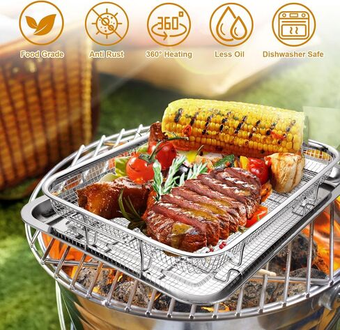 سلة مقلاة هوائية للفرن مقاس 15 × 12 بوصة من الفولاذ المقاوم للصدأ ملحقات مقلاة الهواء رف الفرن وصينية هش، إكسسوارات مقلاة الهواء غير اللاصقة صينية المقالي للفرن للأطعمة المقلية/المجمدة الفرنسية - مجموعة من قطعتين in Kuwait