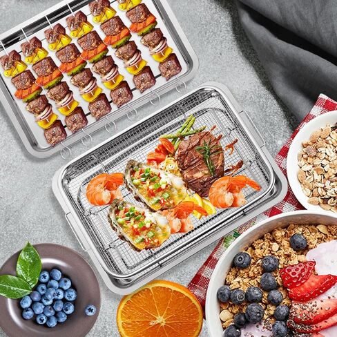 سلة مقلاة هوائية للفرن مقاس 15 × 12 بوصة من الفولاذ المقاوم للصدأ ملحقات مقلاة الهواء رف الفرن وصينية هش، إكسسوارات مقلاة الهواء غير اللاصقة صينية المقالي للفرن للأطعمة المقلية/المجمدة الفرنسية - مجموعة من قطعتين in Kuwait