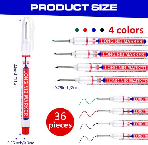 36 Pieces Deep Hole Marker Pens 20 mm Deep Drill Hole Long Nib Marker Multi Purpose Waterproof Carpenter Marker Pens Colorful Long Nose Markers for Bathroom Woodworking in Kuwait