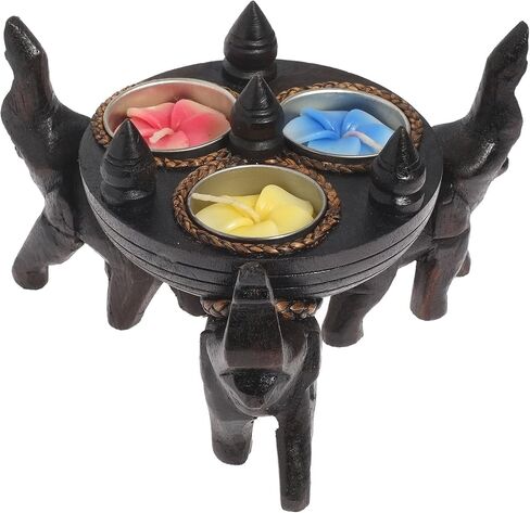 AeraVida Triple Elephant Under Round Rain Tree Wooden Candle Holder | Decorative Candle Holder | Elephant Wooden Candle Holders | Handcrafted Wood Candle Holder Décor | Candle Holder Stand in Saudi Arabia
