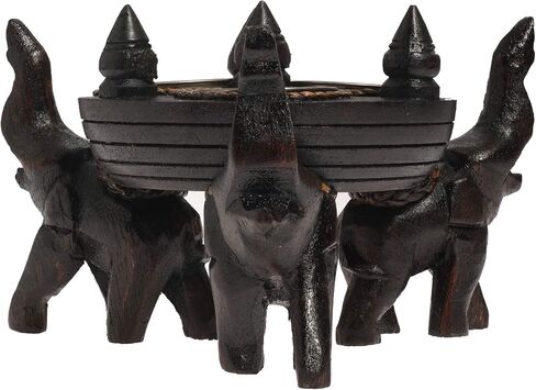 AeraVida Triple Elephant Under Round Rain Tree Wooden Candle Holder | Decorative Candle Holder | Elephant Wooden Candle Holders | Handcrafted Wood Candle Holder Décor | Candle Holder Stand in Saudi Arabia